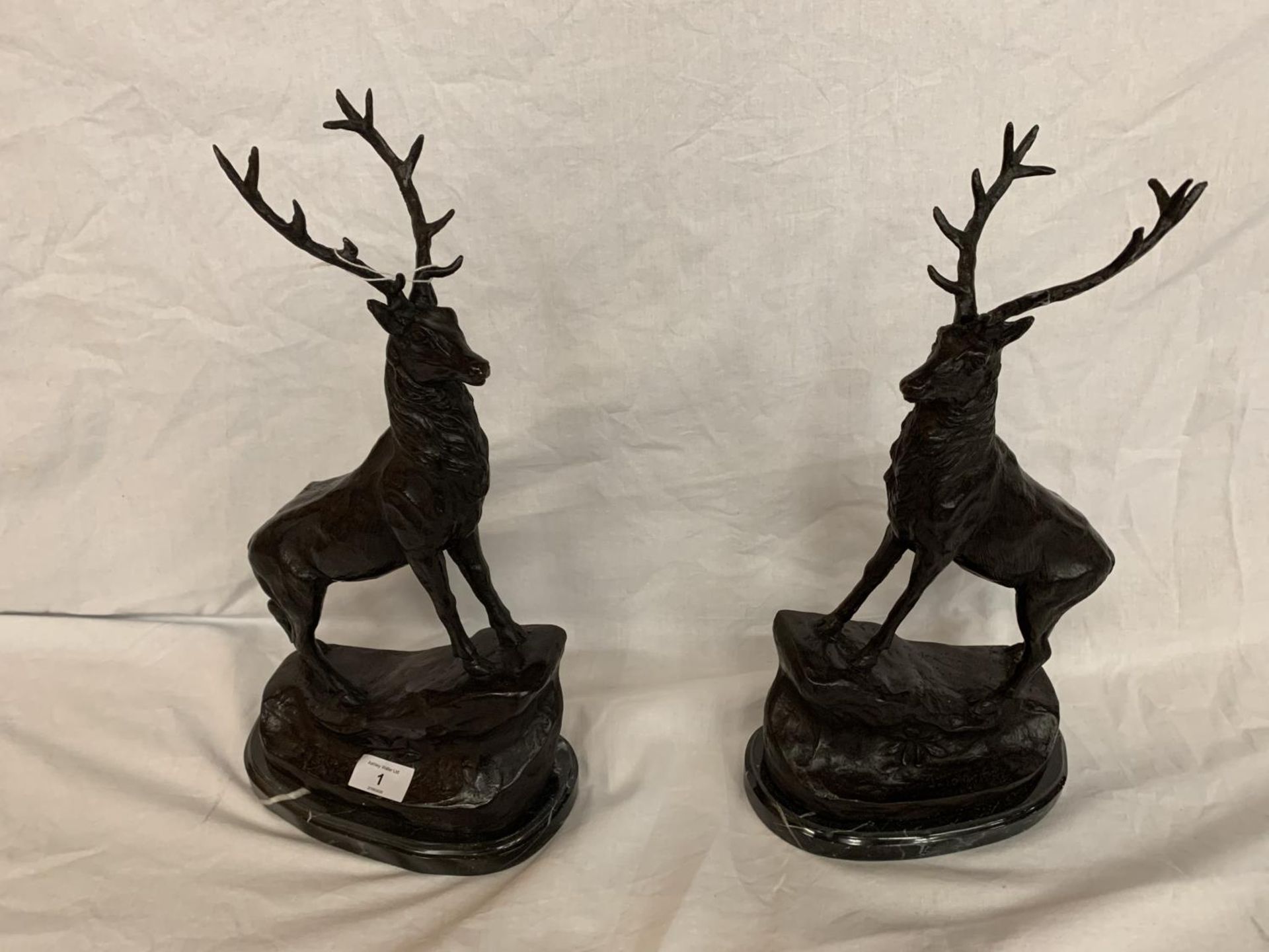 A PAIR OF IMPRESSIVE BRONZE STAGS ON MARBLE BASES