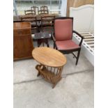 A TEAK MAGAZINE RACK TABLE, A MAHOGANY WINE TABLE AND A MAHOGANY CARVER