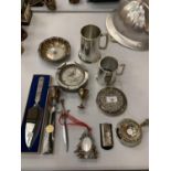 VARIOUS EPNS AND SILVER PLATE ITEMS TO INCLUDE TANKARDS, LETTER OPENER, EGG CUP ETC