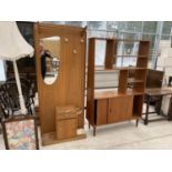 A TEAK HALL STAND AND A TEAK SHELVING UNIT WITH TWO LOWER SLIDING DOORS