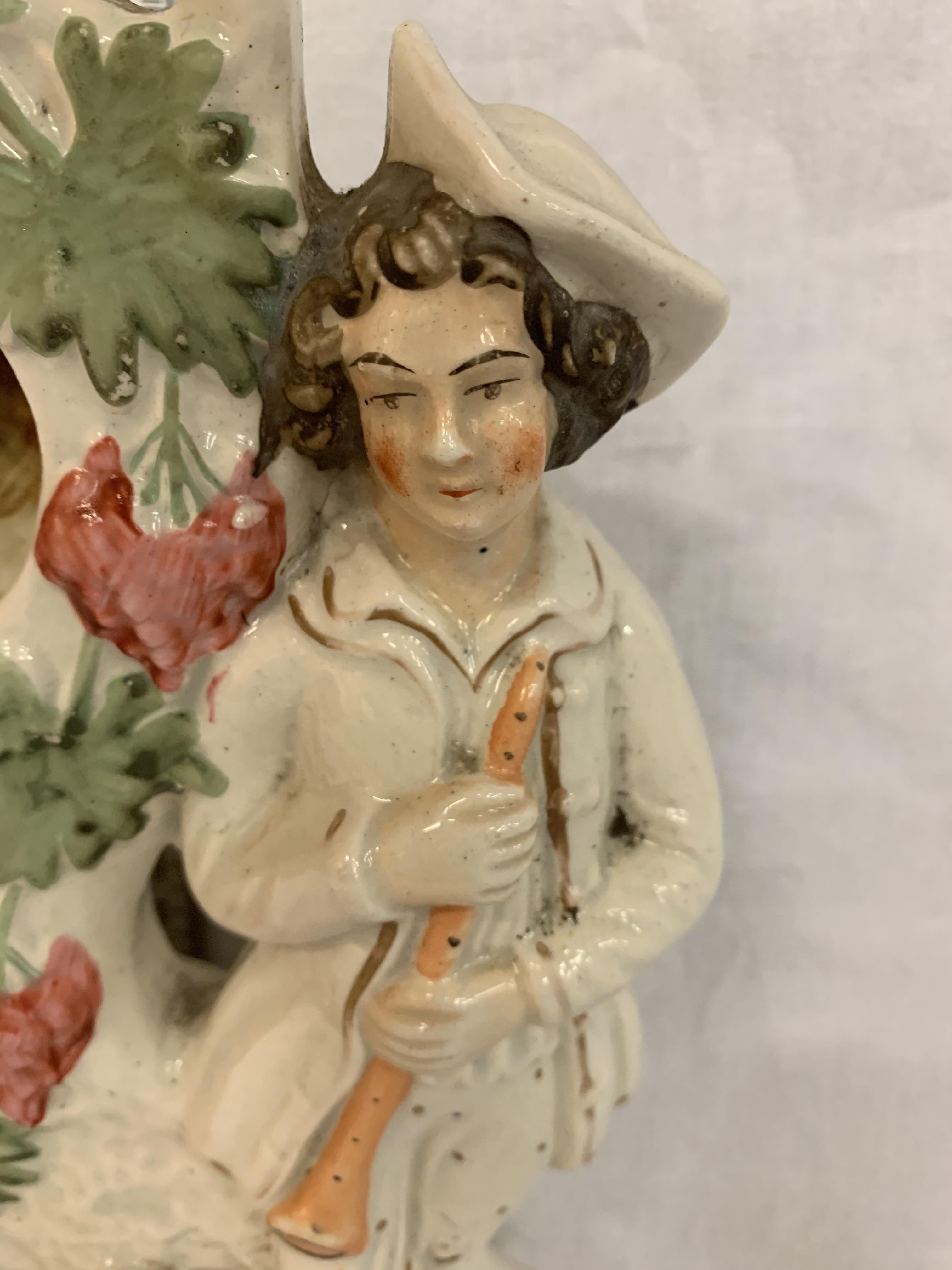 A STAFFORDSHIRE CERAMIC FIGURE OF A LADY AND GENT WITH SPANIEL POCKET WATCH STAND - Image 4 of 7