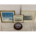 THREE FRAMED PICTURES AND A FRAMED PLATE OF A VULCAN, MOSQUITO MARK 6, COAST GUARDER AND FIGHTING