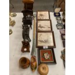 VARIOUS COLLECTABLE ITEMS TO INCLUDE WOODEN FRAMED PICTURES, MINATURE WOODEN ROCKING CHAIRS AND