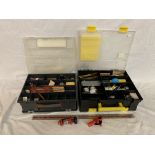 TWO DOUBLE SIDED PLASTIC TOOL BOXES PACKED WITH MODEL MAKING EQUIPTMENT TO INCLUDE BOAT MODEL SPARES