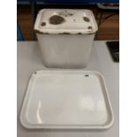 A VINTAGE WHITE ENAMEL BREAD BIN AND MATCHING TRAY