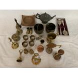 VARIOUS BRASS AND EPNS ITEMS TO INCLUDE BELLS, SALAD SERVERS, SALT AND PEPPER ETC
