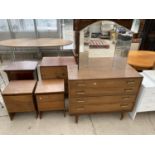 A G PLAN E GOMME TEAK CHEST OF FOUR DRAWERS, A THREE SECTION DRESSING TABLE MIRROR AND TWO TEAK