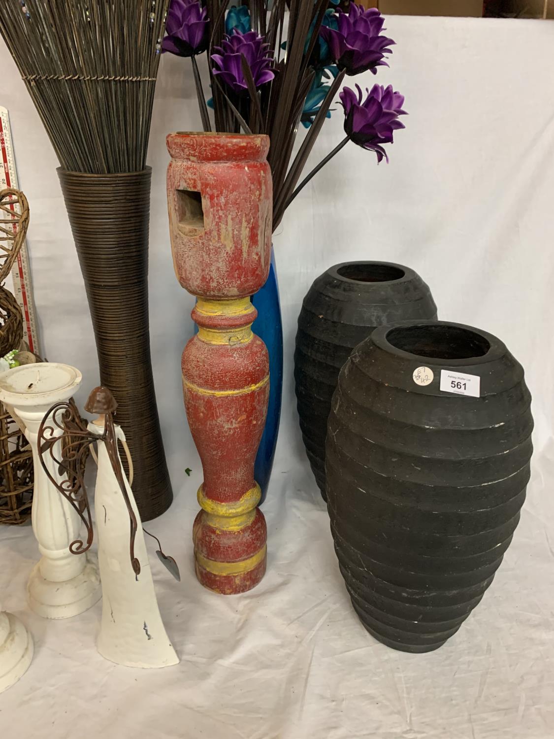 THREE VASES, A PAIR OF WOODEN CANDLE STICKS, AN INDIAN STYLE CANDLE STICK, A TEA LIGHT BIRD CAGE ETC - Image 3 of 4