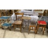 FIVE ITEMS - THREE STOOLS, A KITCHEN CHAIR AND A TEA TROLLEY