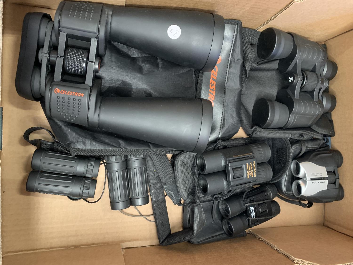 SEVEN PAIRS OF VARIOUS SIZED BINOCULARS SOME WITH CASES TO INCLUDE CELESTRON, PENTACACON, PRAKTICA - Image 2 of 3