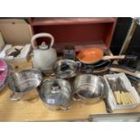 VARIOUS KITCHEN ITEMS TO INCLUDE STAINLESS STEEL STEAMER PANS, FRYING PANS, EPNS BONE HANDLED FISH