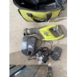 A CORDLESS RYOBI RECIPROCATING SAW WITH CHARGER AND CARRY CASE IN WORKING ORDER