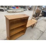 THREE PINE ITEMS - A THREE TIER BOOKSHELF, S COFFEE TABLE AND A HIGH BACKED CHAIR