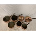 SEVEN VICTORIAN VARIOUS COPPER PANS SOME WITH LIDS