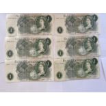 SIX £1 NOTES - CASHIERS HOLLOM, FFORD AND PAGE