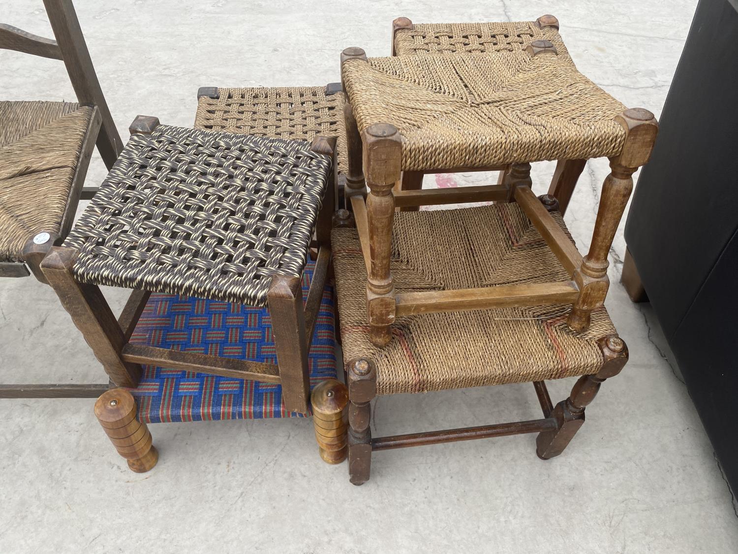 A HIGH BACK CHAIR WITH RUSH SEAT AND SIX VARIOUS STOOLS - Image 3 of 3