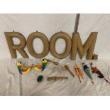 FOUR WOODEN LETTERS OVER 12 INCHES TALL SPELLING 'ROOM' WITH A FULL STOP AND VARIOUS WOODEN TOYS