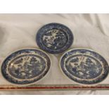 THREE BLUE AND WHITE CHINESE STYLE PLATES TWO BILTONS AND ONE STAFFORDSHIRE JP