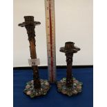 TWO ORNATE CANDLESTICKS WITH BEAD DECORATION