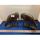 A PAIR OF WOODEN GRAZING DEERS