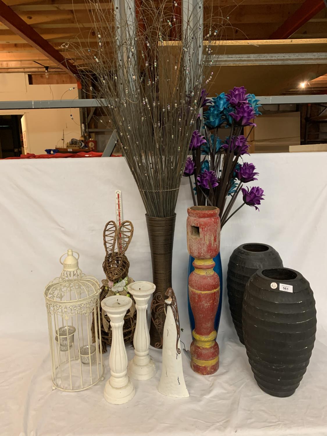 THREE VASES, A PAIR OF WOODEN CANDLE STICKS, AN INDIAN STYLE CANDLE STICK, A TEA LIGHT BIRD CAGE ETC