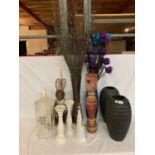 THREE VASES, A PAIR OF WOODEN CANDLE STICKS, AN INDIAN STYLE CANDLE STICK, A TEA LIGHT BIRD CAGE ETC