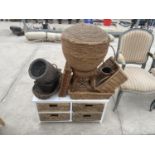 A WHITE PAINTED CHEST WITH FOUR BASKET DRAWERS AND A QUANTITY OF WICKER BASKETS