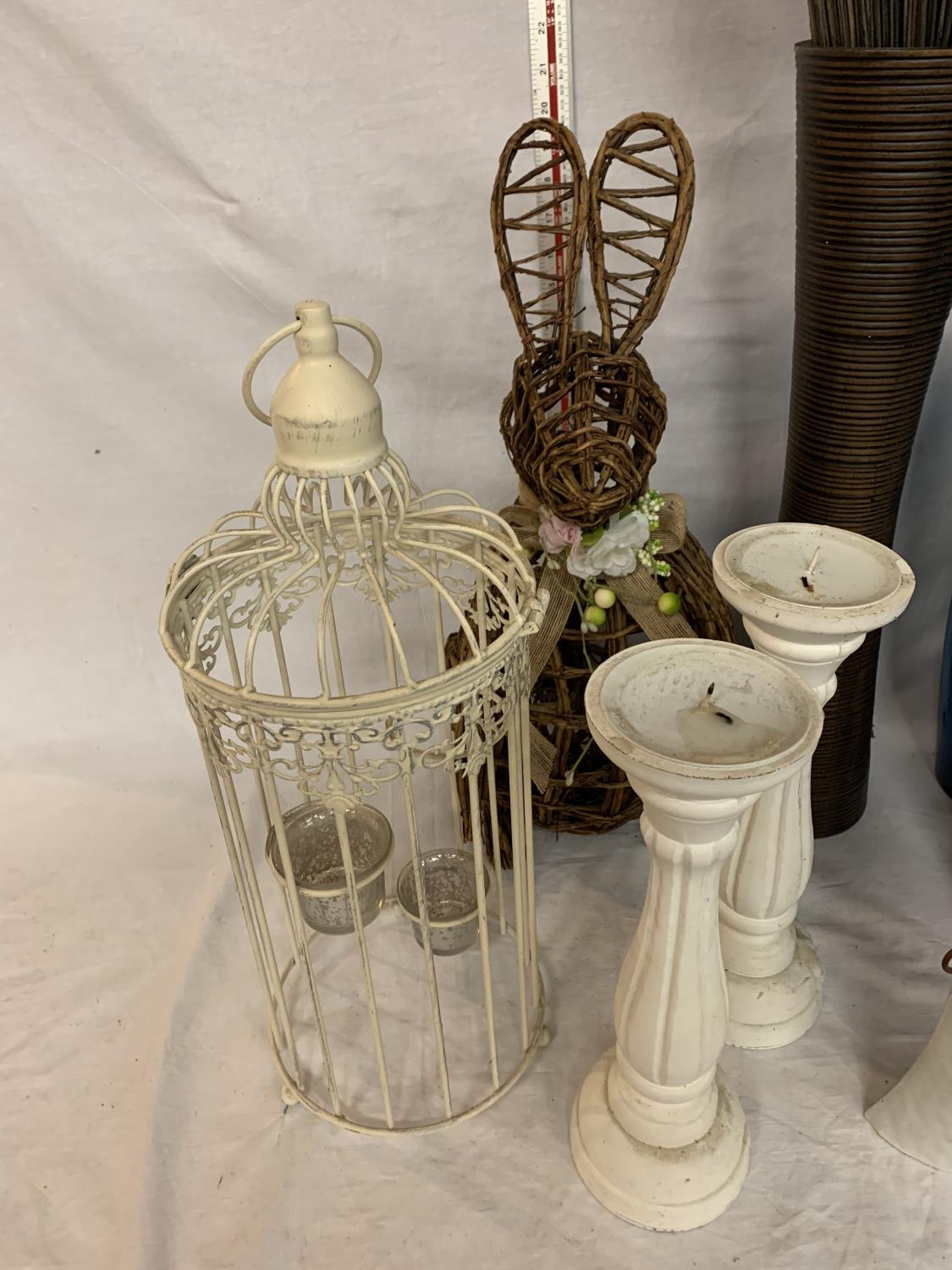 THREE VASES, A PAIR OF WOODEN CANDLE STICKS, AN INDIAN STYLE CANDLE STICK, A TEA LIGHT BIRD CAGE ETC - Image 2 of 4