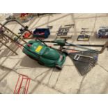 VARIOUS GARDEN TOOLS TO INCLUDE A QUALCAST POWER 34 LAWNMOWER WITH GRASS BOX, SHEARS, PLASTIC RAKE