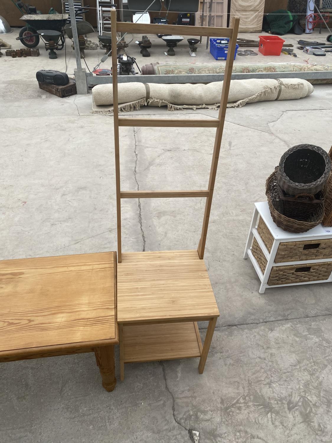 THREE PINE ITEMS - A THREE TIER BOOKSHELF, S COFFEE TABLE AND A HIGH BACKED CHAIR - Image 4 of 4