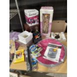 VARIOU NEW ITEMS TO INCLUDE A POP UP HAMPER, NECK EASE, DOLL, RABBIT PLATE AND A JEWELLERY BOX