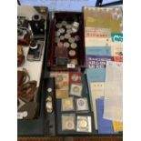 A COLLECTION OF COINS AND COMMEMORATIVE MEDALS AND A WATCH