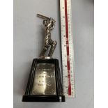 A WHITE METAL CRICKET TROPHY, POSSIBLY SILVER 8 INCHES HIGH