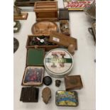 A COLLECTION OF ITEMS TO INCLUDE WOODEN STORAGE BOXES, VINTAGE TINS, BOXED COASTERS, OLD COINS ETC