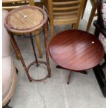A BAMBOO PLANT STAND AND A SMALL MAHOGANY OCCASIONAL TABLE