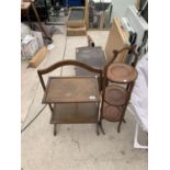 TWO WOODEN FOLDING CAKE STANDS, ONE CIRCULAR AND ONE RECTANGULAR