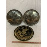 THREE ORNATE CIRCULAR TINS WITH LIDS ONE DEPICTING AN ORIENTAL DRAGON AND TWO ANCIENT LONDON