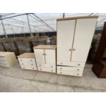 AN OAK EFFECT AND WHITE WARDROBE, TALLBOY AND CHEST OF THREE DRAWERS (WARDROBE REQUIRES REPAIR TO