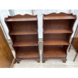 TWO SMALL THREE TIER MAHOGANY BOOKCASES, EACH WITH LOWER DRAWER