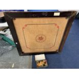 A LARGE VINTAGE WOODEN FRAMED CARROM BOARD WITH A BOX OF COUNTERS