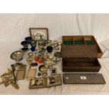 VARIOUS VINTAGE ITEMS TO INCLUDE EPNS, BRASS, FRAMES, WOODEN CUTLERY TRAY, DOMINO SCORE BOARD