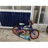 A CHILDRENS BIKE AND A SCOOTER