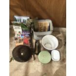 A COLLECTION WAR RELATED ITEMS TO ENAMEL WARE, WAR BOOKS, HELMET ETC