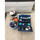 A FOLD OUT TOOL BOX AND CONTENTS, EXTENSION CABLES ETC
