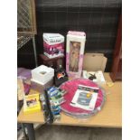 VARIOU NEW ITEMS TO INCLUDE A POP UP HAMPER, NECK EASE, DOLL, RABBIT PLATE AND A JEWELLERY BOX