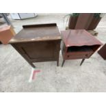 A SMALL OAK CABINET AND A MAHOGANY BEDSIDE CABINET