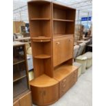 A G PLAN TEAK CABINET WITH FALL FRONT, TWO DOORS AND THREE DRAWERS