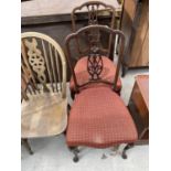 TWO CARVED MAHOGANY BEDROOM CHAIRS ON CABRIOLE SUPPORTS (ONE A/F)
