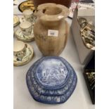 A BLUE AND WHITE PATTERNED MALING WARE LIDDED JAR AND A FURTHER JAR A/F