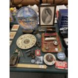 A COLLECTION OF VARIOUS VINTAGE ITEMS TO INCLUDE A BOXED HARMONCIA, TRAY, SUGAR TONGS, FRAMES,